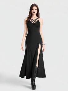 Breakform Đầm Gothic gợi cảm dành cho nữ, cổ chữ V khoét rỗng hình ngôi sao năm cánh, dây mảnh, ôm sát cơ thể, xẻ tà cao. - màu đen - Xem 6
