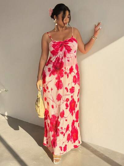 Firerie Plus Size Women's Elegant Romantic Vacation Pleated Maxi Dress, Vacation Style Red Tie Dye Floral Print A-Line Tie-Waist Flowing Dress, Suitable For Weddings, Sexy Beach, Western Vacation, Music Festivals, Summer Boho Dress