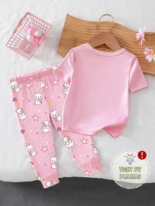 1 Set Baby Girls Cute Rabbit Print Top And Full Print Pants Knit Snug Fit Pajamas, Spring/Summer - Pink - View 2