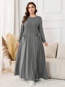 Lacomfia Đầm dài tay màu xanh nhạt co giãn, xếp ly, có túi, kiểu dáng tối giản, rộng rãi, mềm mại, cỡ lớn dành cho nữ. - Xám - Xem 4
