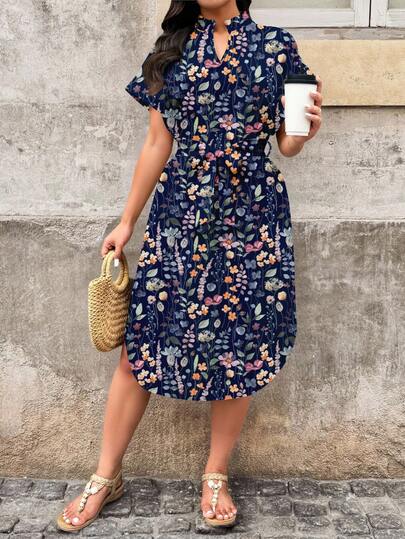 EMERY ROSE Plus Size Floral Print Asymmetric Hem Short Sleeve Dress, Suitable For Summer