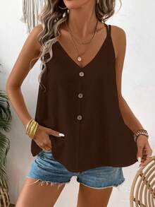 Áo camisole nữ màu trơn, thiết kế cài nút, dáng rộng thoải mái. - Cà phê nâu - Xem 4
