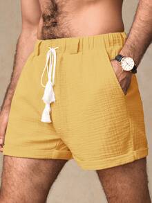 Manfinity VCAY 男士休闲梭织双层绉布中腰抽绳短裤，带腰带环 - 黃色 - 查看 6
