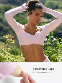 GLOWMODE Valentine's Day FeatherFit™ Heartline Buttery-Soft Sweat-Wicking Stretchy Thumbhole Design Gathered Bust Removable Cups Cropped Long-Sleeve Low Impact Yoga Studio Gym Daily Active Wear - Pink - View 3