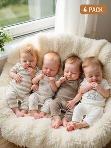 SHEIN 4件套新生儿可爱小熊印花纯棉连体衣，短袖连体裤，夏季款 - 彩色 - 查看 7