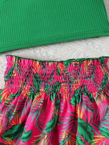 Young Girl's Summer Vacation Casual Green Criss-Cross Sleeveless Camisole Top Paired With Tropical Ditsy Floral Elastic Waist Pleated Midi Skirt - Multicolor - View 4