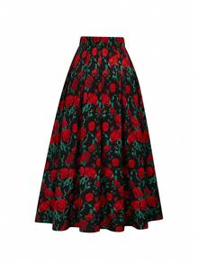 Elenzga Set de 2 piese pentru femei, mărime plus, elegant, cu top cu mânecă lungă, fără umeri, și fustă midi cu imprimeu floral - roșu - Vizualizare 5