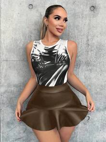 Zolique Falda-pantalón de mujer de moda casual de unicolor, de cintura alta con volantes en el bajo, de cuero sintético (PU) - Marrón - Ver 6