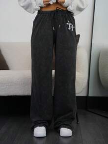 SAYEHFBABY Damen Lässig Retro Punk Y2K vielseitige Cross Weiß Muster Taille Gewaschen Grau Gerade Bein Jogginghose, bequem und warm für Herbst/Winter - Schwarz - Übersicht 3