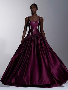 Elitara 优雅奢华的钻石花朵缎面褶皱长裙，适合婚礼、派对、度假、舞会、晚礼服等场合（重工装饰） - 酒紅色 - 查看 4