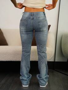 SAYEHFBABY Washed Low Waist Slim Fit Rhinestone Embellished Women's Jeans - Medium Wash - View 2