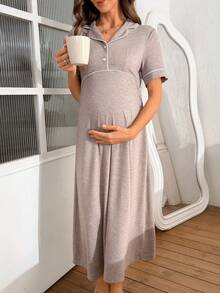 Moonlight&Mama 女士休闲撞色滚边翻领纽扣孕妇连衣裙，适合居家穿着或外穿 - 卡其色 - 查看 5