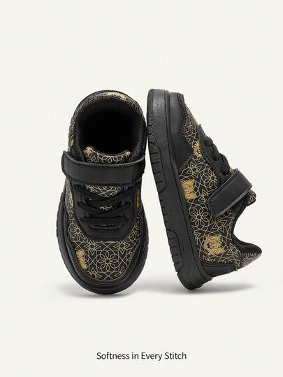 TOM & JERRY X Cozy Pixies Baby Boy Spring/Autumn Low-Top Sneakers, Suitable For Daily Wear, Hook And Loop Easy On/Off, Non-Slip Durable Sole, Anti-Collision Toe Design, Stylish Shoes Gold And Black Color Scheme