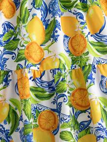 女童无袖柠檬印花连衣裙，度假风，时尚百搭，适合夏季海滩穿着 - 彩色 - 查看 7