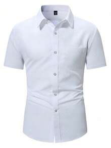 Manfinity Mode 男士夏季商务休闲前扣格子短袖衬衫 - 白色 - 查看 3