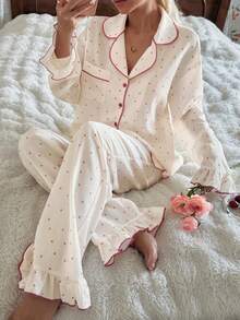 SHEIN Women's Spring/Autumn Heart Print Lapel Long Sleeve Pajama Set - Apricot - View 1