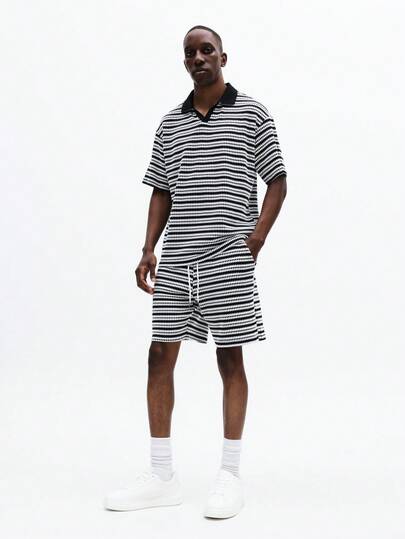 SUMWON Horizontal Striped Polo Shirt And Shorts Co-Ord Set Matching Two Piece Summer Casual Outfit Short Sleeve Collared Top Regular Fit Elastic Waist