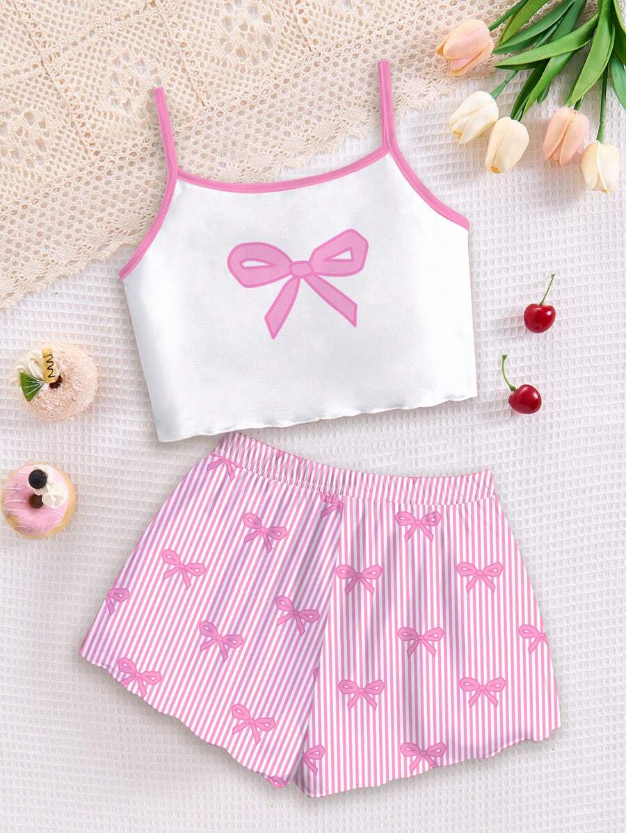 SHEIN Bộ đồ ngủ 2 món cho bé gái, màu hồng dễ thương với nơ và họa tiết sọc, gồm áo hai dây và quần short, thích hợp cho mùa hè, phong cách Y2K. - Nhiều màu - Xem 1
