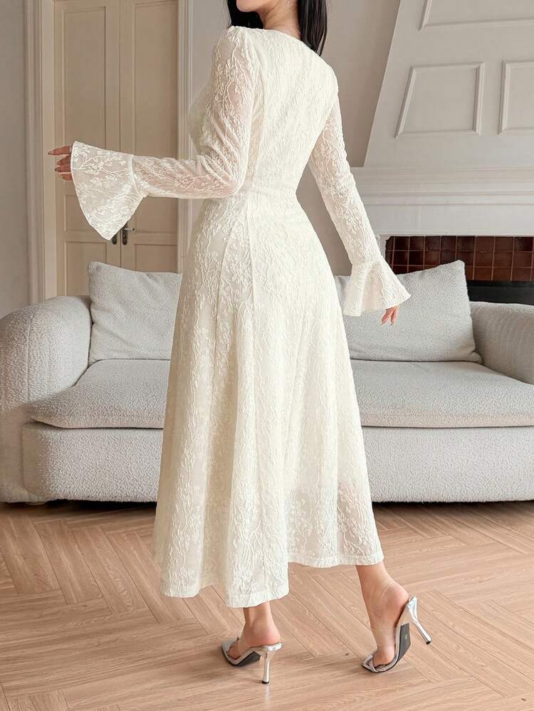 Women's Elegant Floral Textured Puff Sleeve Midi Dress, Spring/Summer Wedding Guest Dress Sundress