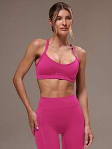 Musera Sport 女士交叉露背上衣和紧身裤运动套装，适合健身房锻炼 - 玫紅色 - 查看 5