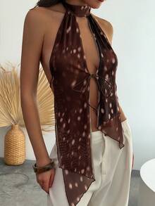 Aloruh Women's Halter Tie Backless Twist Design Asymmetrical Hem Sexy Crop Top, Suitable For Dates And Parties - Khaki - View 1