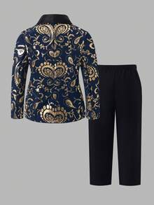 Bộ vest nam dài tay cổ ve áo in họa tiết kim loại và quần tây màu trơn dành cho bé trai. - Nhiều màu - Xem 2