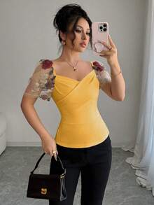 Rafferiza Blouse brodée à encolure carrée et manches bouffantes pour femmes - Jaune citron - Voir 3