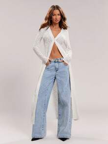 SHEIN ICON Women's Floral Lace Long Sleeve Single-Breasted Thin Jacket - Beige - View 5