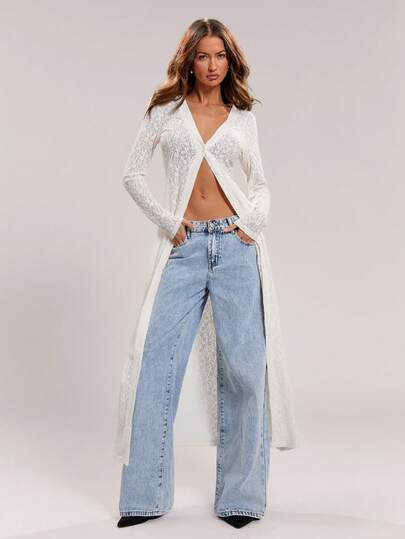 SHEIN ICON 女士花卉蕾丝长袖单排扣薄款外套