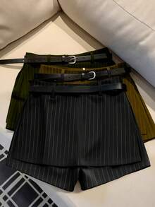 SHEIN Franclia Maillard 条纹修身短裙，开衩设计，女士短裙 - 黑與白 - 查看 2
