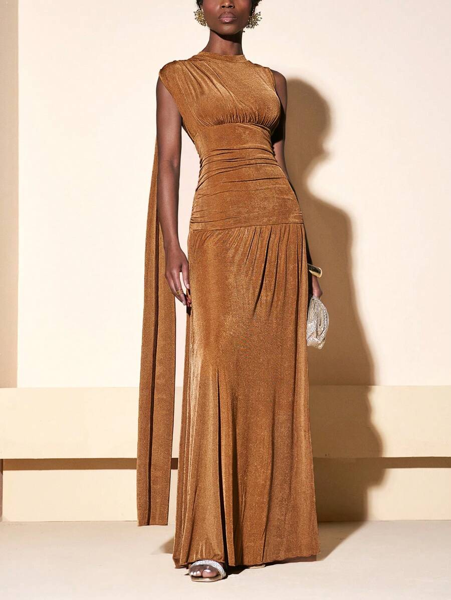 Zivah 2026 派对优雅独特褶皱 A 字针织连衣裙 - 金色 - 查看 1