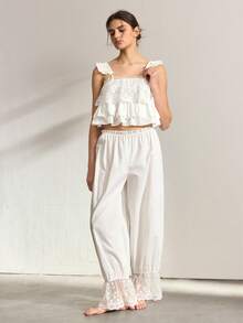 Ocili Comfortable Cotton Soft Jacquard Embroidered Lace Camisole Pants Women Pajama Set - White - View 2