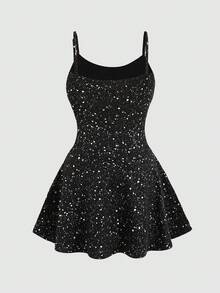 SHEIN 少女休闲运动体操瑜伽闪亮优雅高弹力箔针织露背连体紧身衣，黑色 - 黑色 - 查看 4