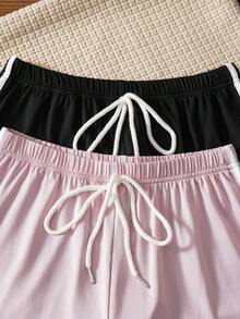 2pcs Women's Casual Sports Contrast Trim Lounge Pants Set - Multicolor - View 3