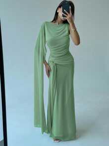 Aloruh Women's Solid Color Pleated Asymmetric Collar Elegant Dress - Green - View 7