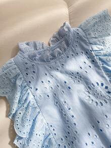SHEIN Elladie kids Áo kiểu nữ màu xanh dương thêu họa tiết, cổ và vạt áo xếp ly, phong cách đồng quê thanh lịch, thích hợp cho dạo phố và đi làm. - Màu xanh lam - Xem 5