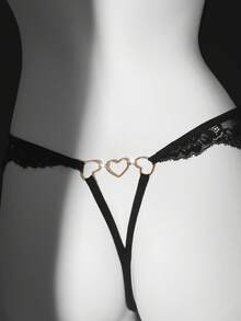 Heart-Shaped Buckle Lace French Elegant Sexy Thong - Black - View 7