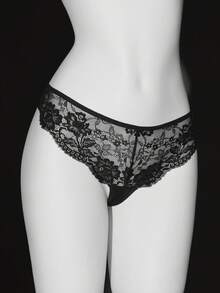 Heart-Shaped Buckle Lace French Elegant Sexy Thong - Black - View 8