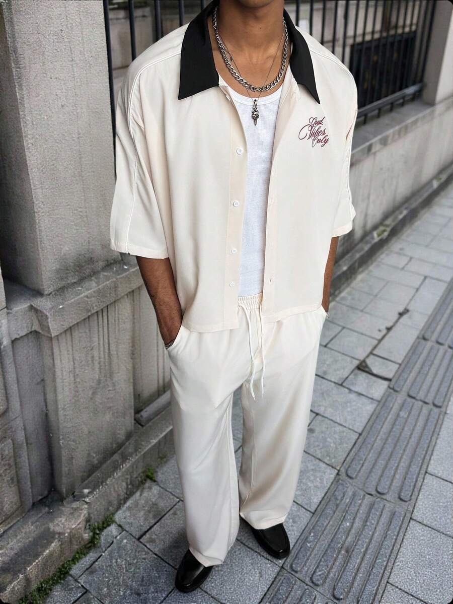 Major Grit 男士撞色拼接条纹衬衫搭配可调节抽绳腰裤套装,青春街头风,适合外出、派对、INS风穿搭,高端大气,适合春夏穿着,可作为送给男友/老公/情人节的礼物。 - 杏色 - 查看 1