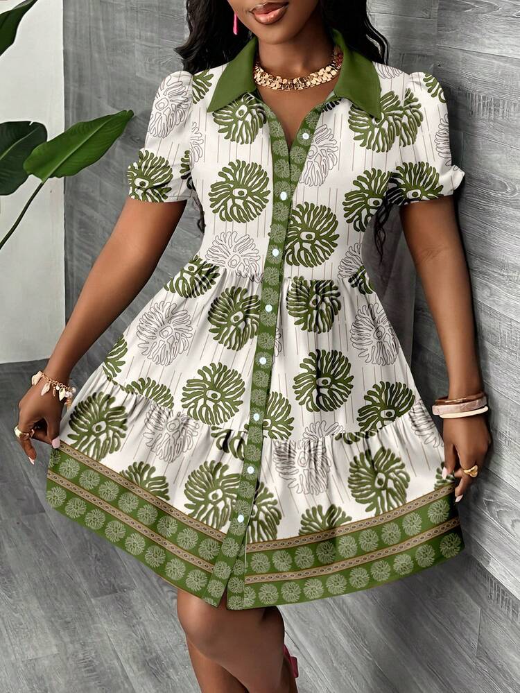 Slaydiva Đầm sơ mi nữ mùa xuân/hè mới/Đầm sơ mi ngắn tối giản thường ngày/Tay phồng/Dáng chữ A/Phong cách Boho/Đầm chống nắng cho nữ/Kỳ nghỉ/Phong cách đồng quê/Trang phục/Đi biển/Đầm mùa hè họa tiết hoa lá/Đầm cây cọ tay ngắn - Nhiều màu - Xem 4