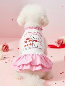 PETSIN Cute Puppy Cake Print Pet Dress - Pink Polka Dot Ruffled Skirt Dog Dress, Darling Graphic Cat Summer Outfit With Elastic Neck - powder - View 4