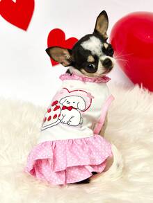 PETSIN Cute Puppy Cake Print Pet Dress - Pink Polka Dot Ruffled Skirt Dog Dress, Darling Graphic Cat Summer Outfit With Elastic Neck - powder - View 7