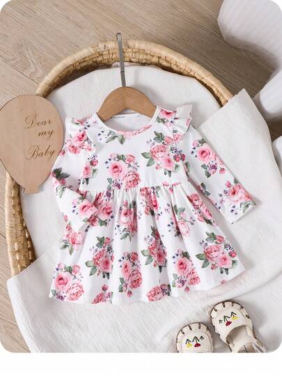 Boybabygirl Cute Casual Knit Long Sleeve Dress, Autumn/Winter Spring Infant Dresses Infant Tea Party Dress Baby Girl Rose Floral Print Flower Floral Baby Dress Baby Girl Dusty Roses Dress
