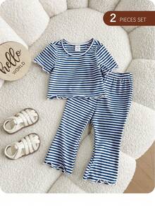 女婴可爱夏季休闲条纹短袖T恤和松紧腰裤套装 - 藍色 - 查看 1