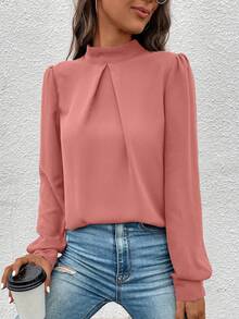 EMERY ROSE Women's Casual Everyday Commute Solid Color Stand Collar Lantern Sleeve Loose Top, Spring/Autumn - Red - View 5