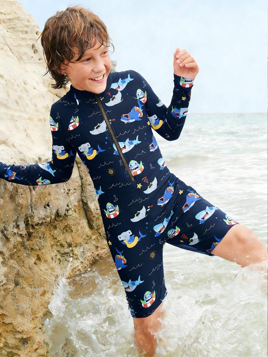 SHEIN 男童休闲印花修身连体泳衣 - 藍色 - 查看 1