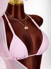 Amplova Women's 3 PiecesBeaded Swimwear Set Including Shoulder Strap Mesh Coverup, Sexy & Chic, Suitable For Vacation, Tie-Up Details - Pink - View 12