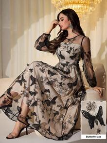 Modelyn Butterfly Jacquard Mesh Lantern Sleeve Cinched Waist Dress For Women - Black - View 2