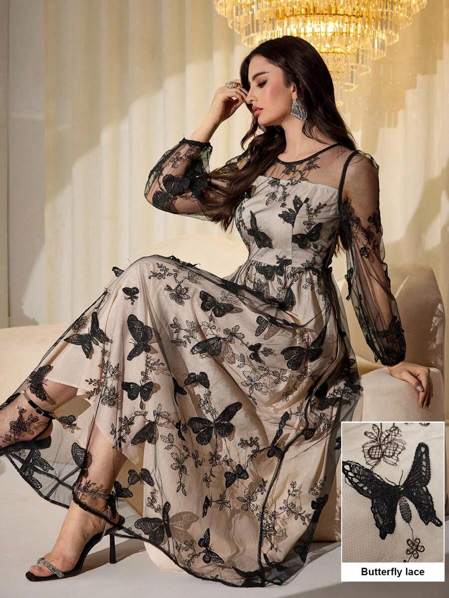 Modelyn Butterfly Jacquard Mesh Lantern Sleeve Cinched Waist Dress For Women