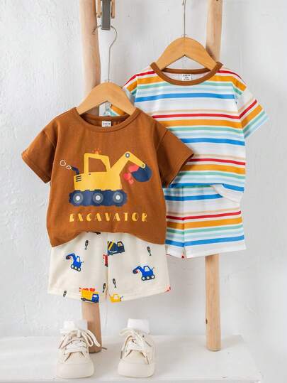 SHEIN 3件套男女宝宝可爱汽车条纹图案短袖短裤睡衣套装，适合室内外穿着，春夏款